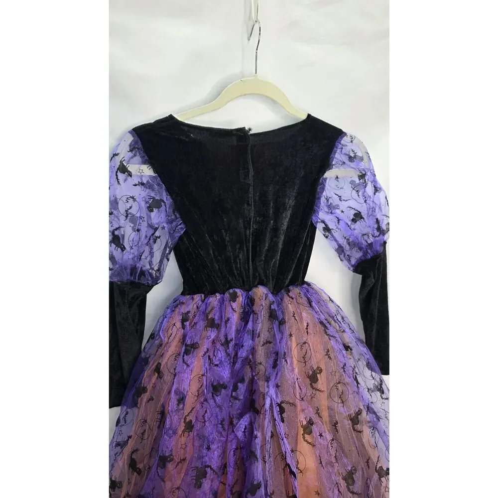Light Up Witch Costume With Head Band Hat Girls L Purple Orange Halloween Dress
